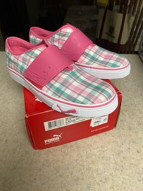 Puma Women’s’ Pink Plaid Slip On Sneakers with Green Accents